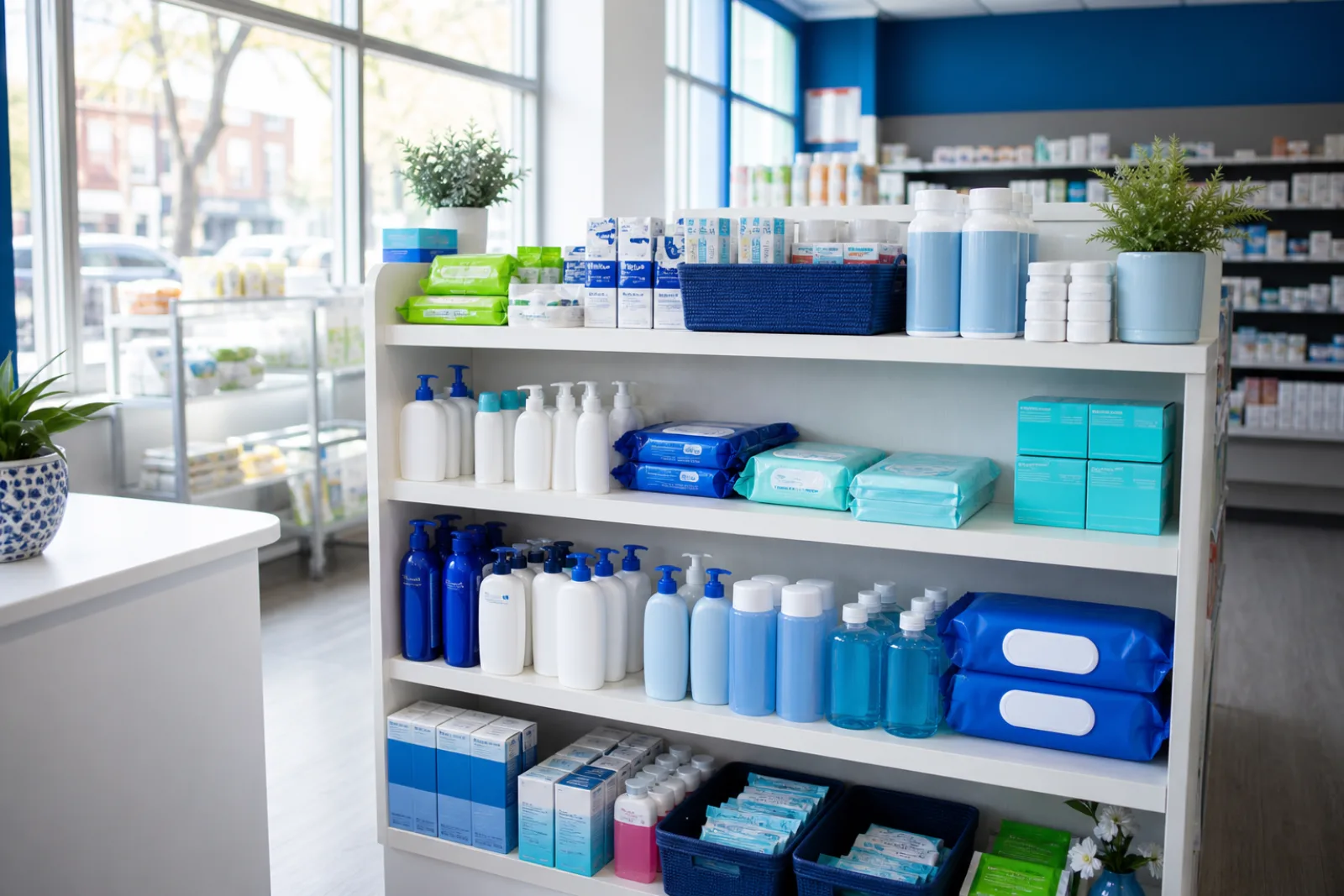 Well-stocked pharmacy shelves